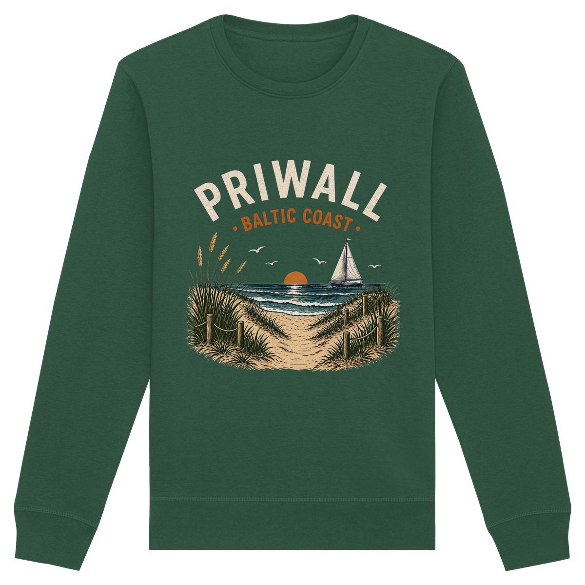 Priwall Baltic Coast Dark Bio-Sweatshirt in Bottle Green mit Frontmotiv