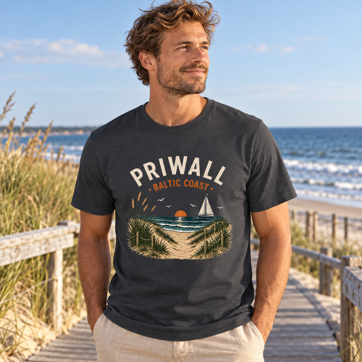 Mann am Ostsee-Boardwalk im Priwall Baltic Coast Bio T-Shirt