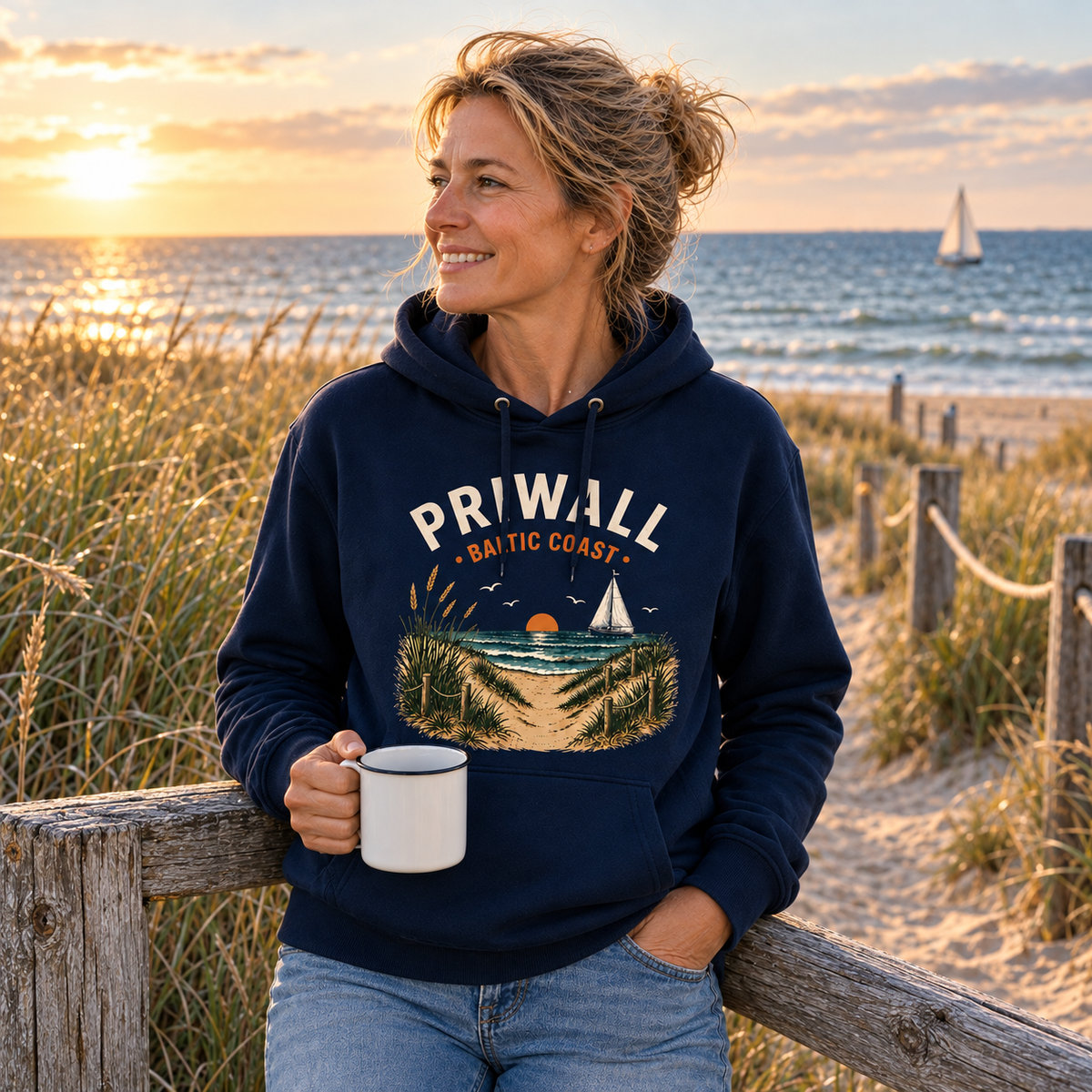 Frau trägt dunkelblauen Priwall Baltic Coast Dark Edition Bio-Hoodie an den Ostseedünen