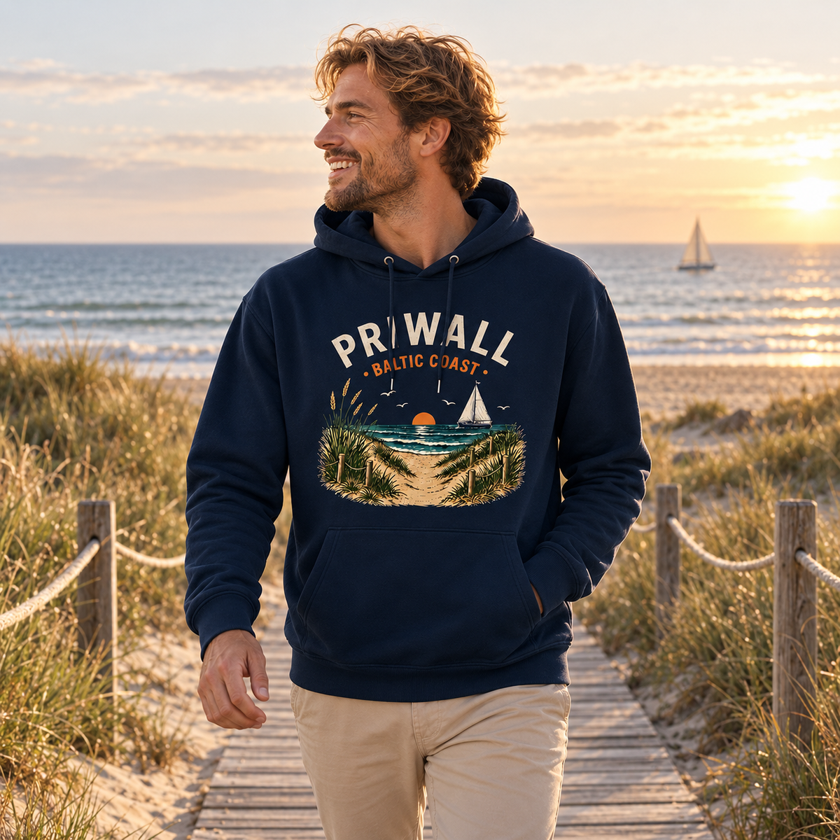 Mann trägt dunkelblauen Priwall Baltic Coast Dark Edition Bio-Hoodie am Dünenweg