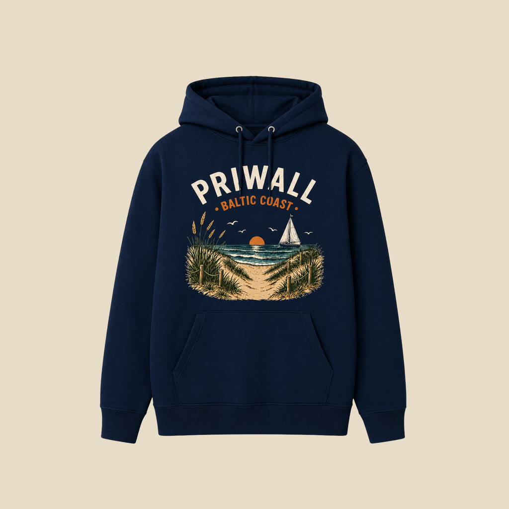 Priwall Baltic Coast Dark Edition Bio-Hoodie in French Navy mit hellem Ostsee-Motiv