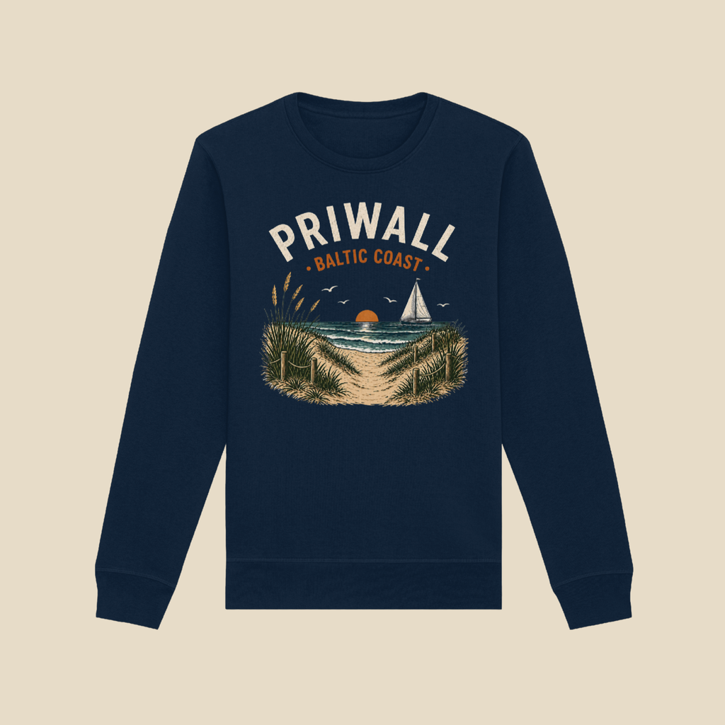 Priwall Baltic Coast Dark Edition Bio-Sweatshirt in French Navy mit Küstenmotiv
