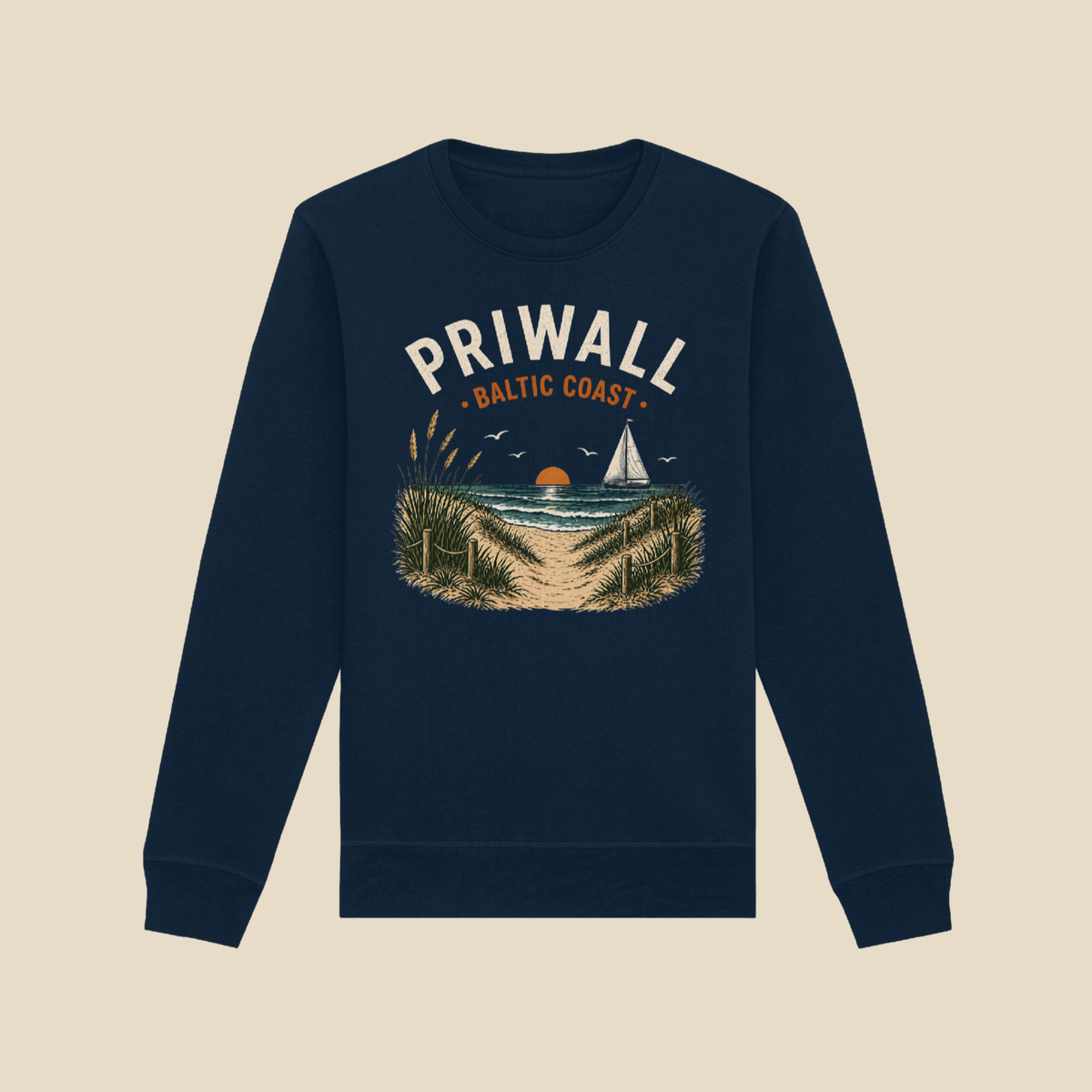 Priwall Baltic Coast Dark Edition Bio-Sweatshirt in French Navy mit Küstenmotiv