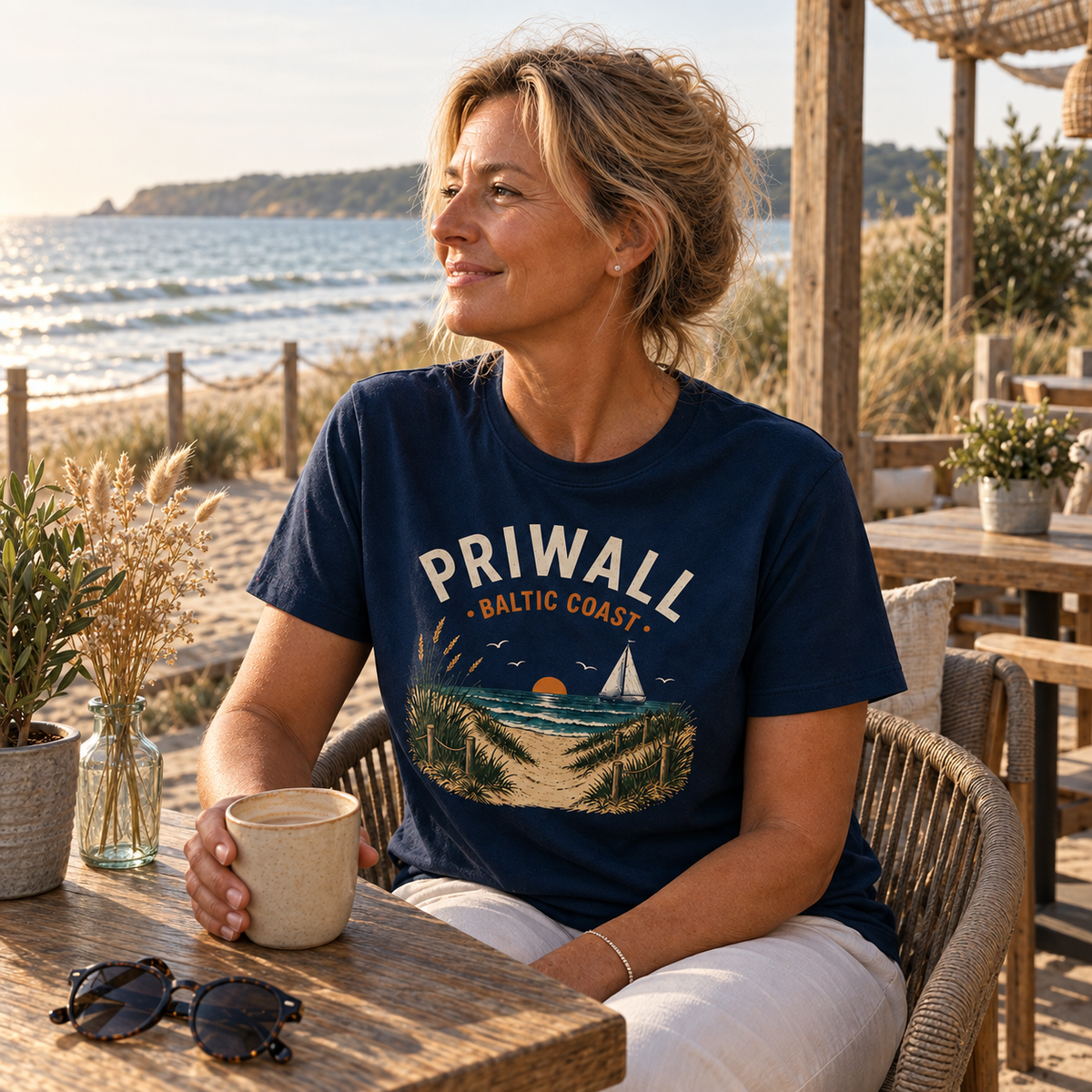 Frau trägt dunkelblaues Priwall Baltic Coast Dark Edition Bio-T-Shirt im Strandcafé