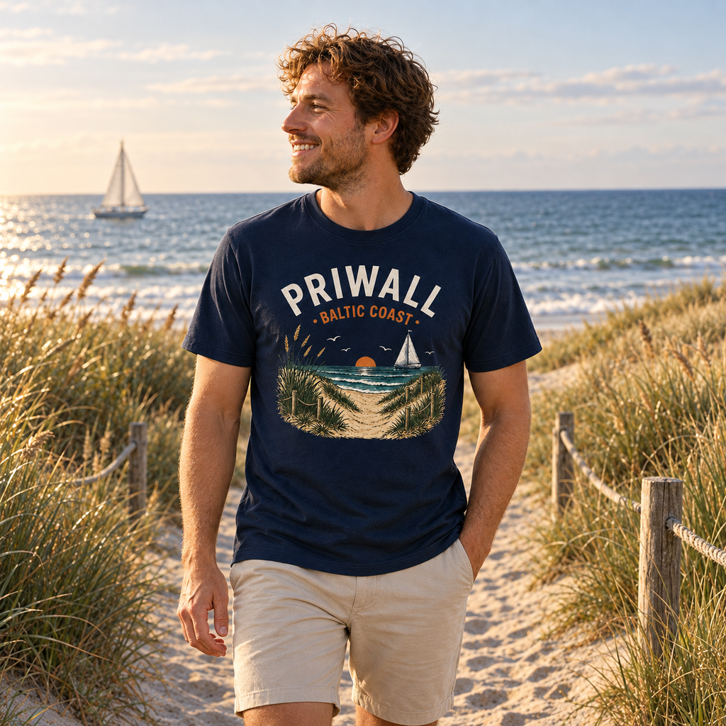 Mann trägt dunkelblaues Priwall Baltic Coast Dark Edition Bio-T-Shirt am Dünenweg