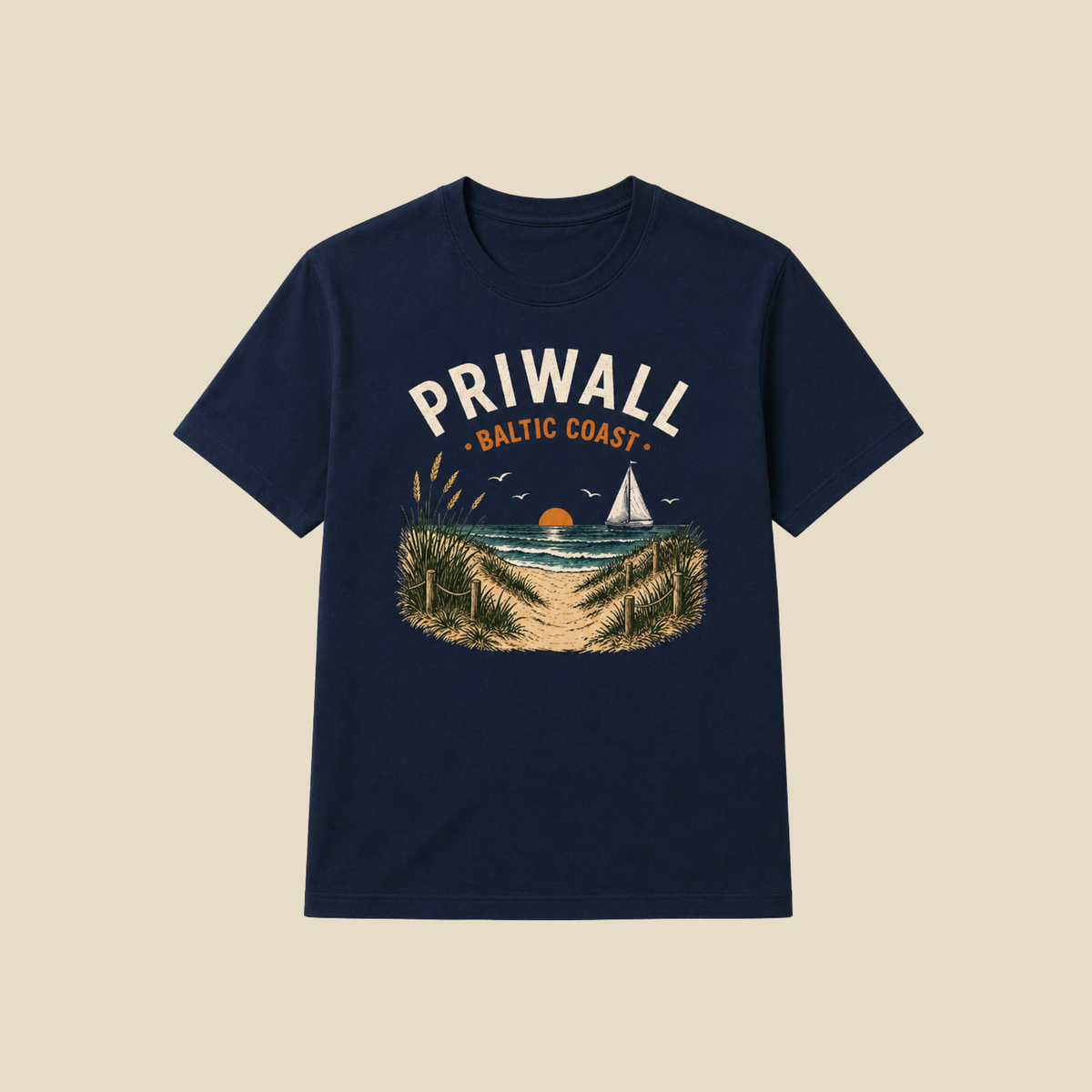 Priwall Baltic Coast Dark Edition Bio-T-Shirt in Dunkelblau mit hellem Ostsee-Motiv