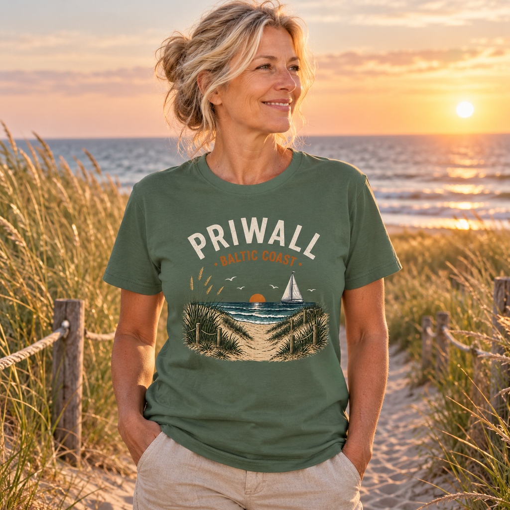 Frau im Priwall Baltic Coast Dark Essential T-Shirt an den Ostseedünen