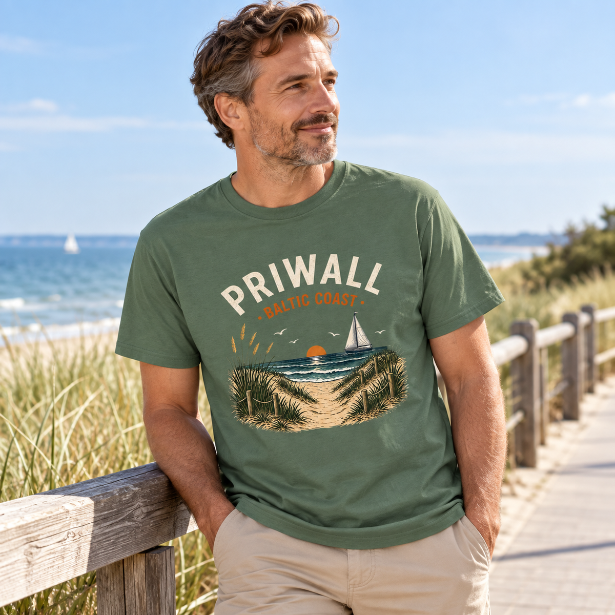 Mann im Priwall Baltic Coast Dark Essential T-Shirt auf der Strandpromenade