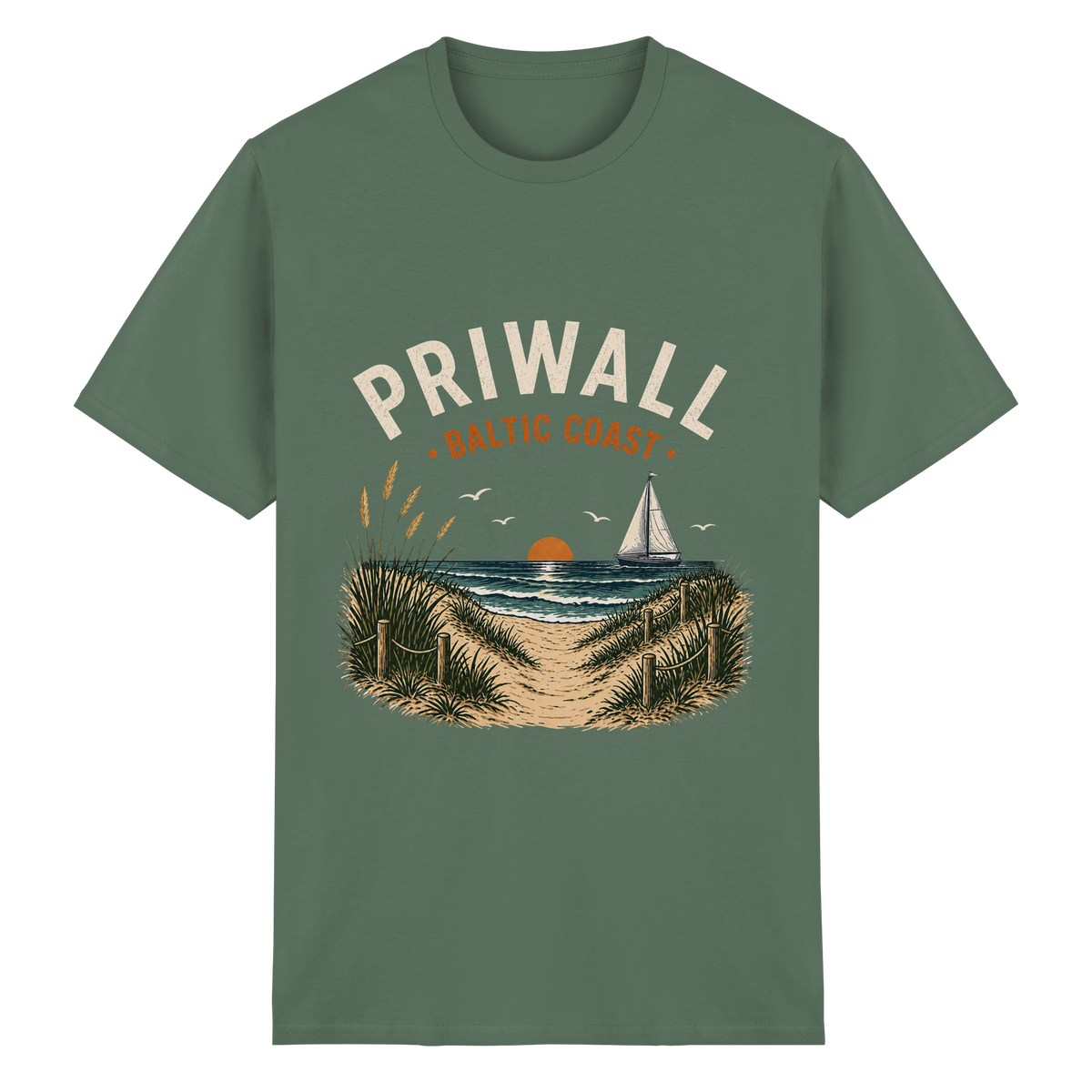 Priwall Baltic Coast Dark Essential T-Shirt in Military Green mit Frontmotiv