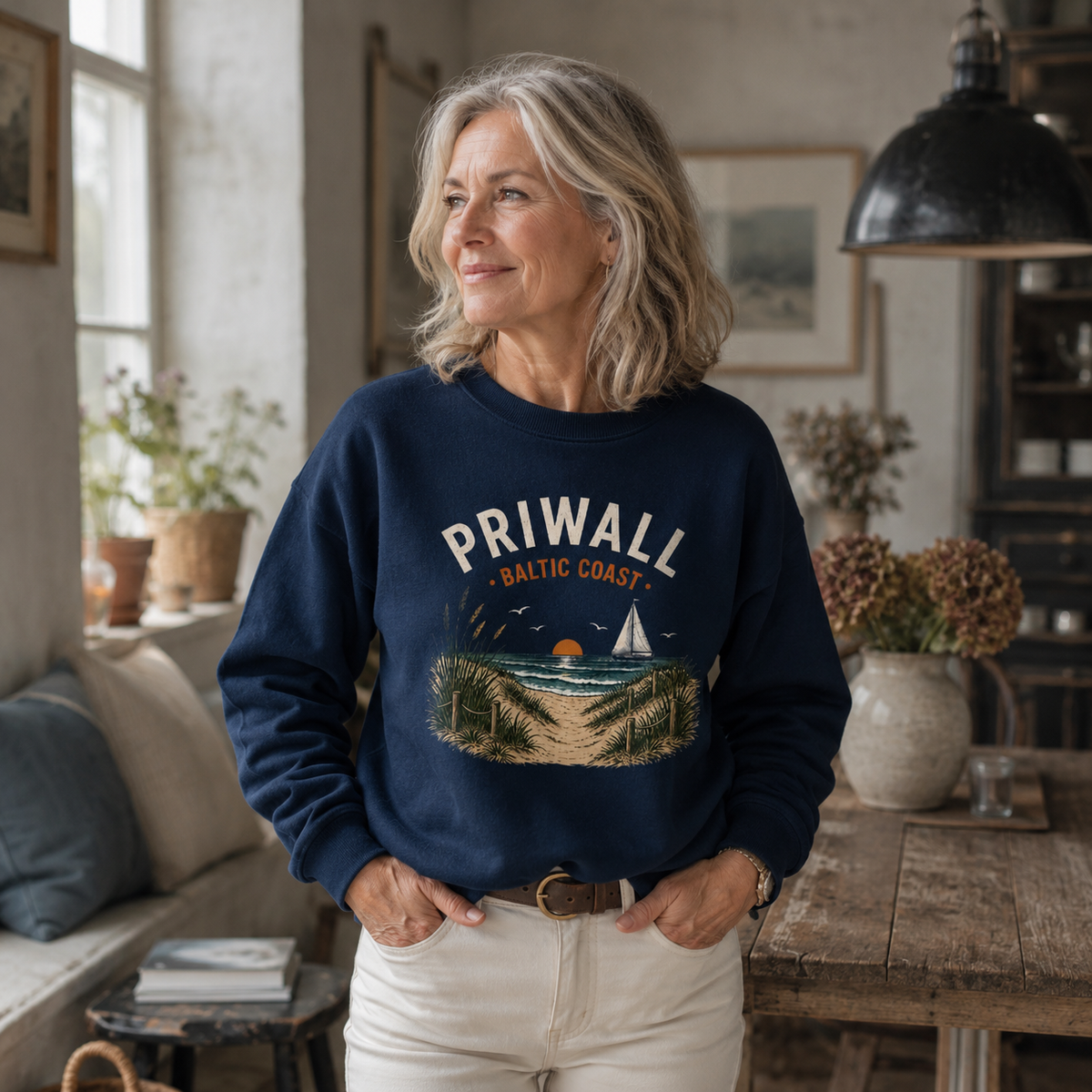 Frau trägt das Priwall Baltic Coast Dark Edition Sweatshirt in French Navy