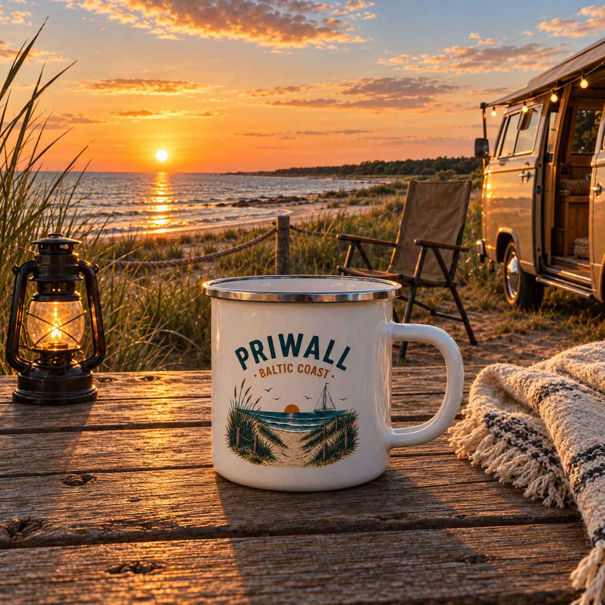 Priwall Baltic Coast Emaille-Tasse beim Camping am Ostseestrand bei Sonnenuntergang