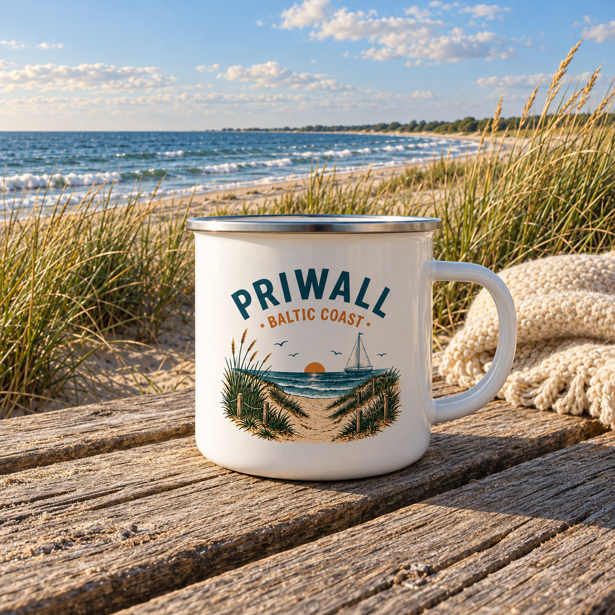 Priwall Baltic Coast Emaille-Tasse auf einer Holzbank am Ostseestrand