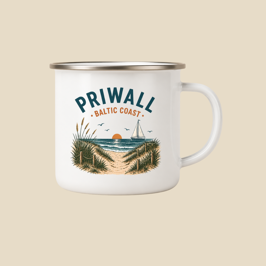 Priwall Baltic Coast Emaille-Tasse mit maritimem Ostsee-Motiv