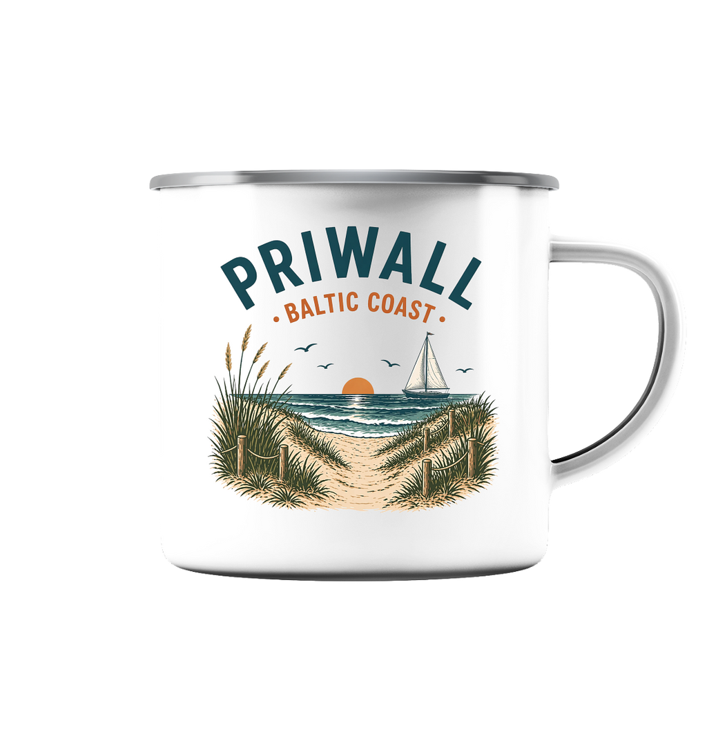 Weiße Priwall Baltic Coast Emaille-Tasse mit silberfarbenem Rand – Produktansicht