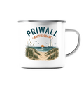 Weiße Priwall Baltic Coast Emaille-Tasse mit silberfarbenem Rand – Produktansicht