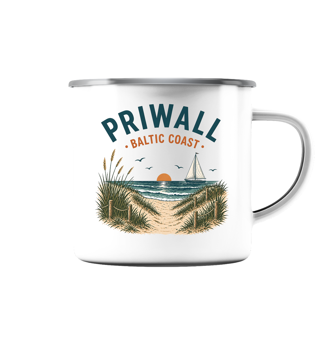 Weiße Priwall Baltic Coast Emaille-Tasse mit silberfarbenem Rand – Produktansicht