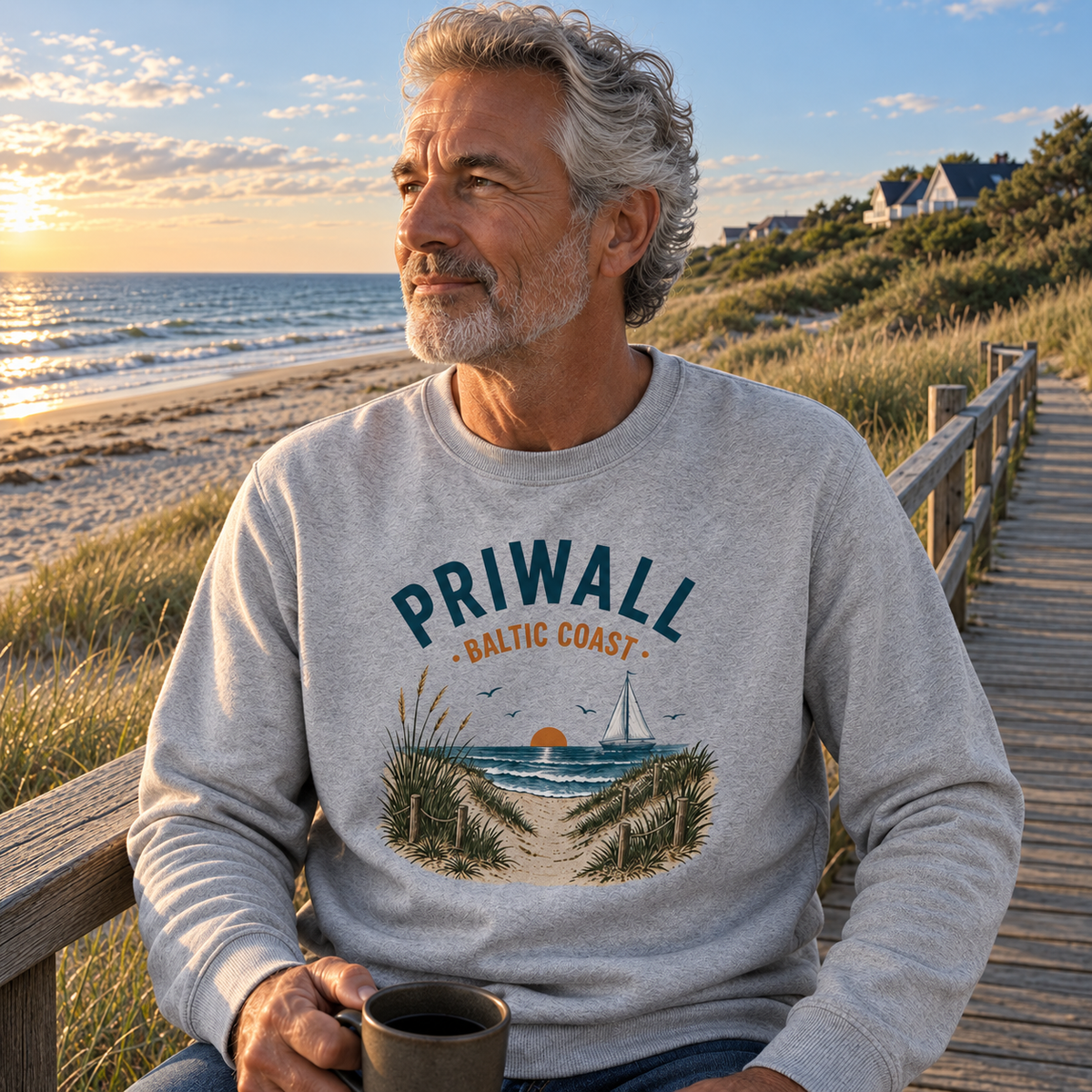 Mann trägt das Priwall Baltic Coast Sweatshirt in Heather Grey am Dünenweg an der Ostsee