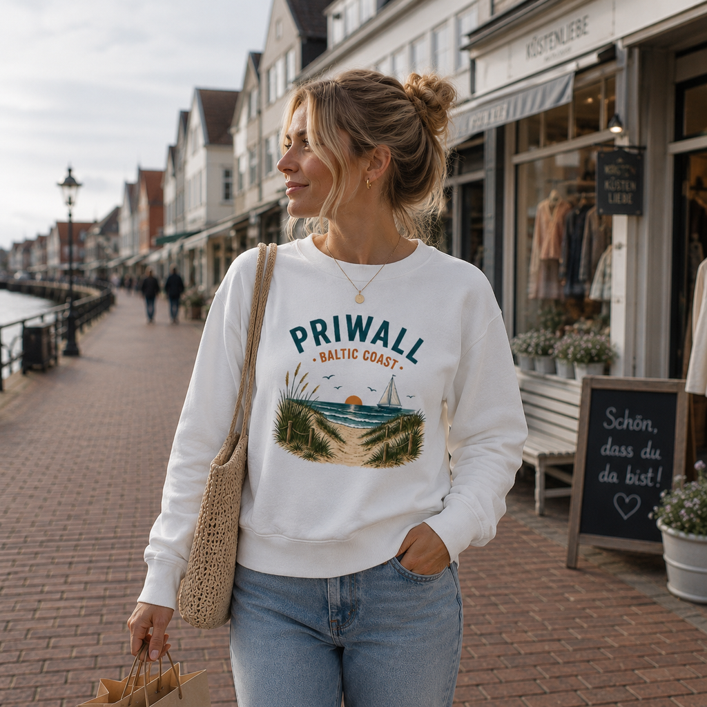 Frau trägt das weiße Priwall Baltic Coast Bio-Sweatshirt auf einer Küstenpromenade