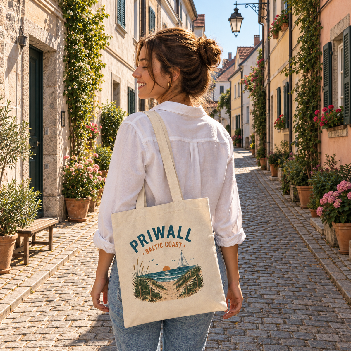 Frau trägt die Priwall Baltic Coast Tote Bag in einer sonnigen Küstengasse