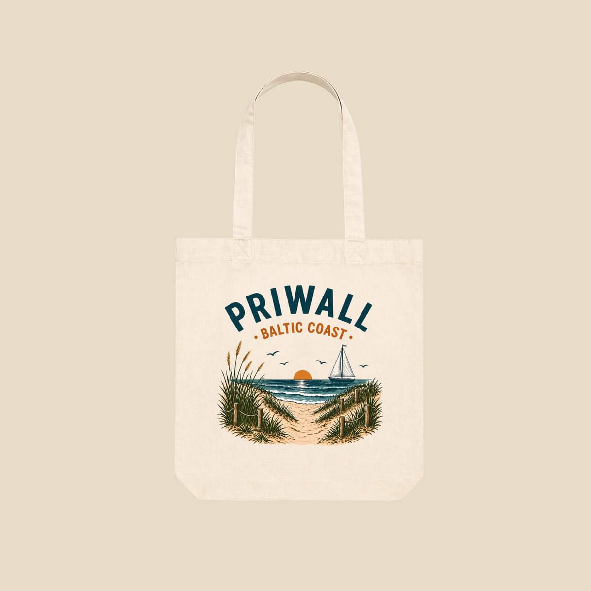 Naturfarbene Priwall Baltic Coast Tote Bag mit maritimem Ostsee-Motiv