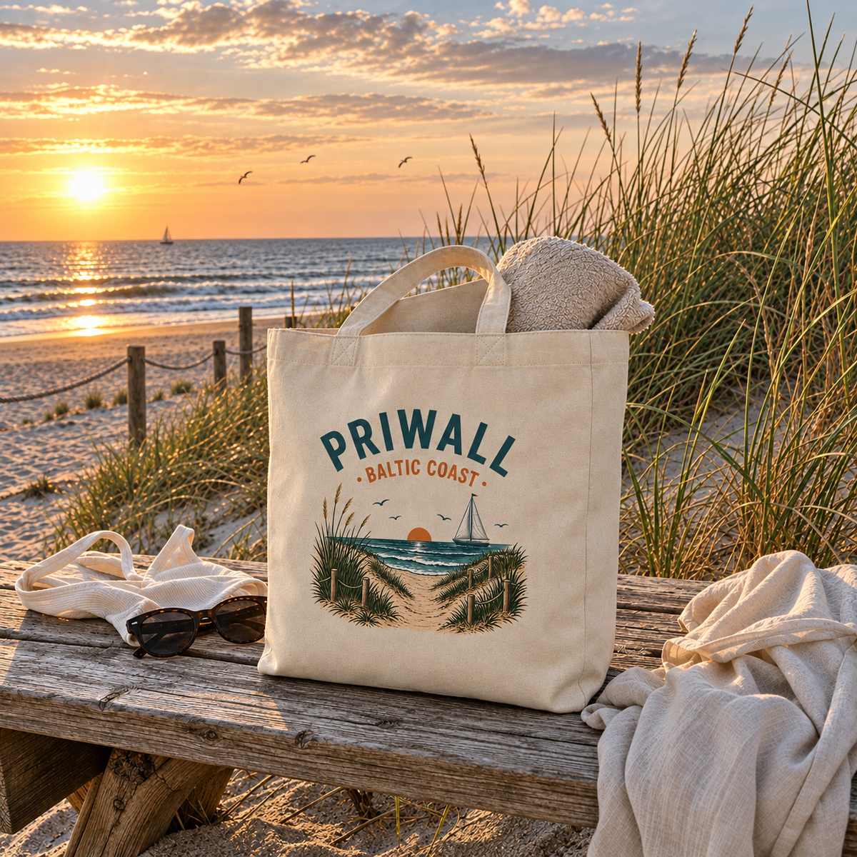 Priwall Baltic Coast Tote Bag auf einer Strandbank bei Sonnenuntergang an der Ostsee