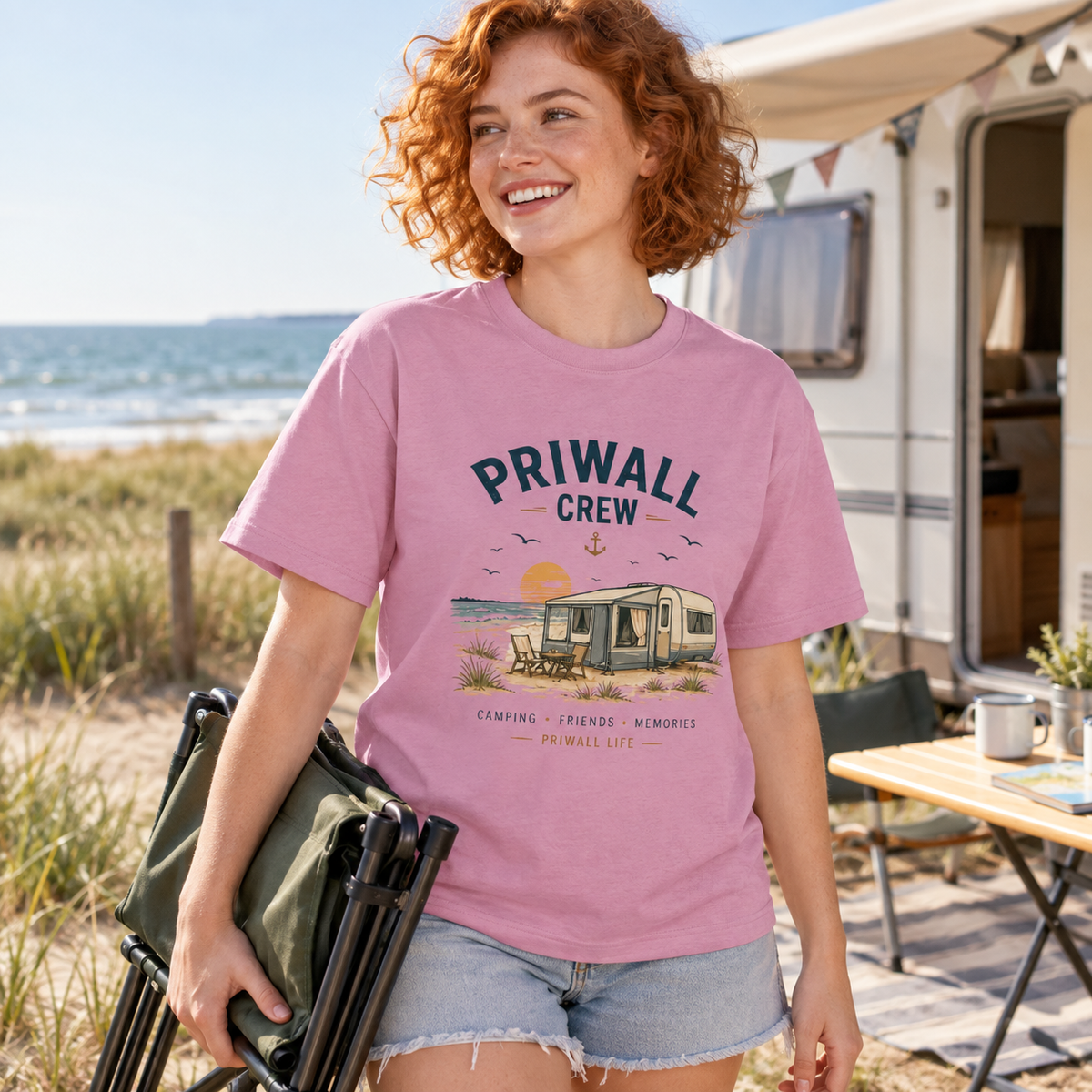 Frau im Bubble-Pink Priwall-Crew Bio-Heavy T-Shirt auf einem Ostsee-Campingplatz