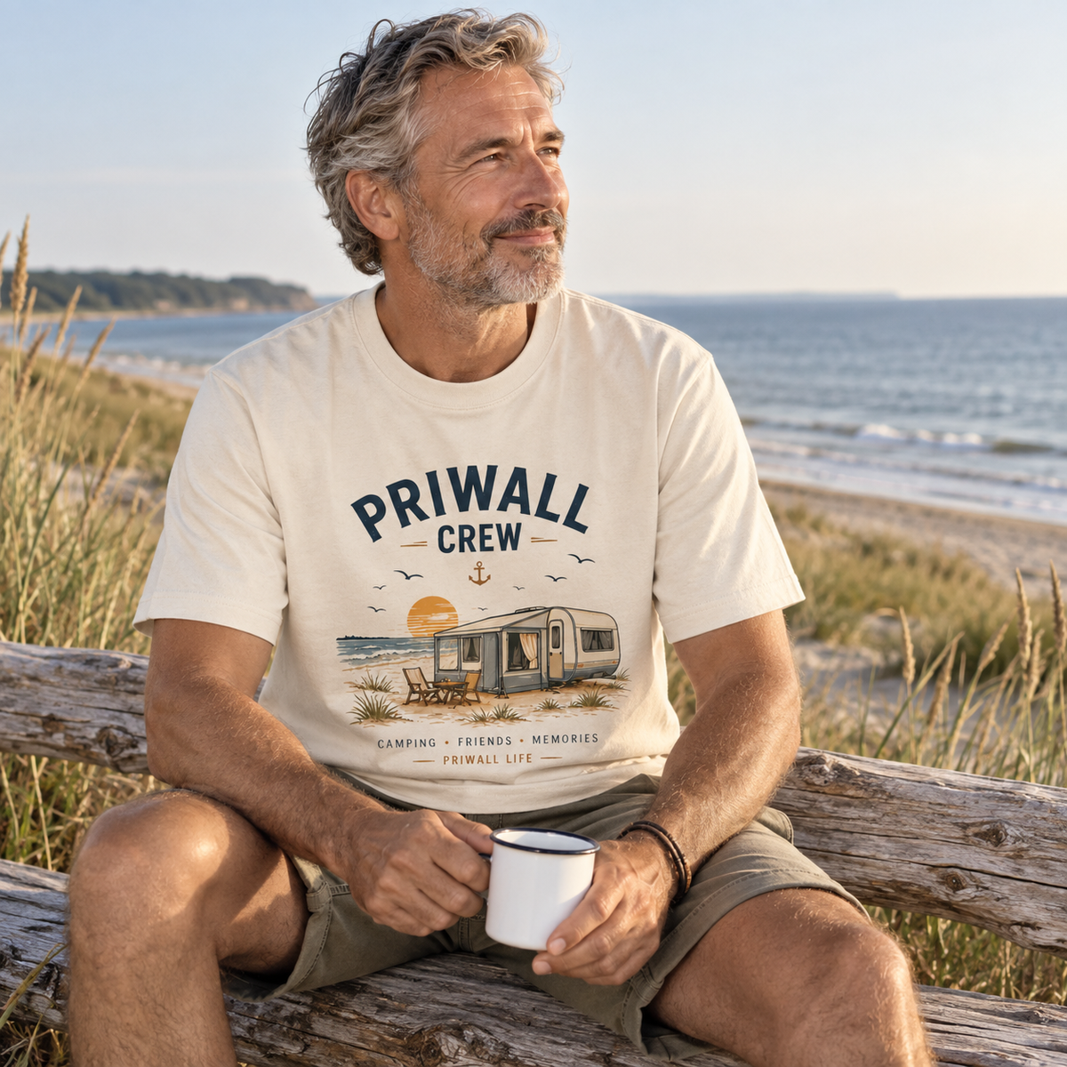 Mann im Natural-Raw Priwall-Crew Bio-Heavy T-Shirt bei einer Küstenpause an der Ostsee