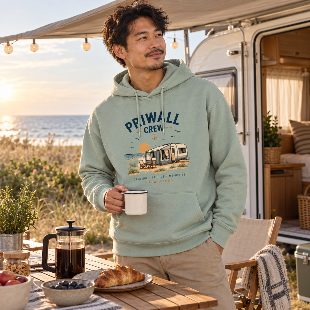 Mann im Aloe Bio Hoodie mit Priwall-Crew-Motiv beim Camping-Frühstück an der Ostseeküste