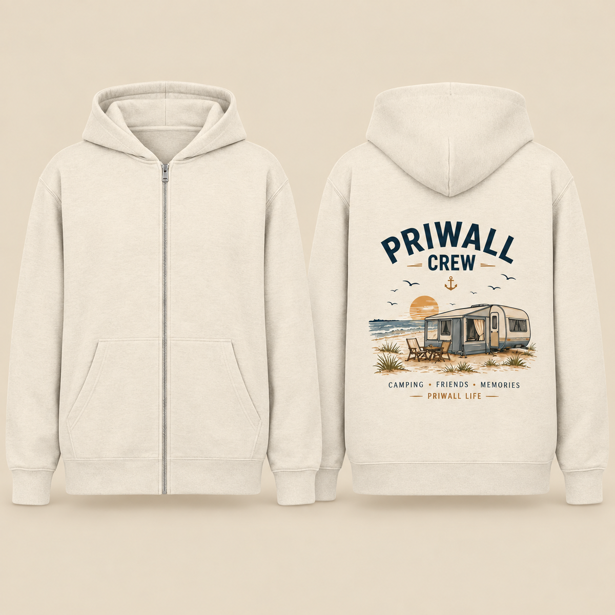 Priwall-Crew Bio-Zipper in Natural Raw als Splitansicht: vorne ohne Print mit Reißverschluss, hinten mit Backprint