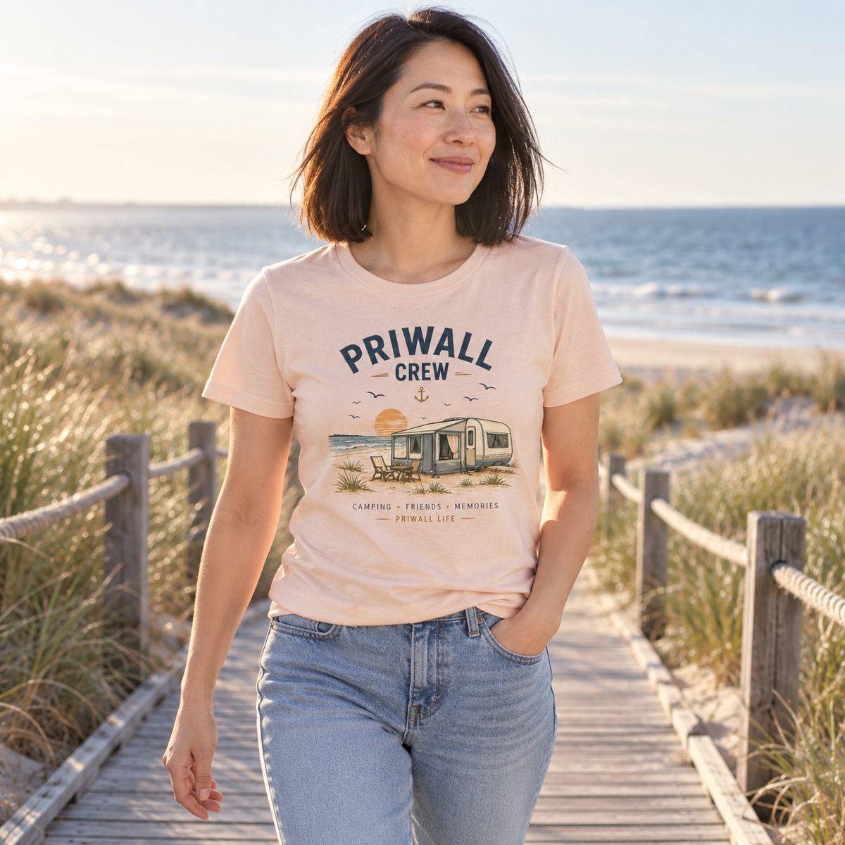 Frau im Fraiche-Peche Priwall-Crew Damen-Bio-T-Shirt auf einem Ostsee-Dünenweg