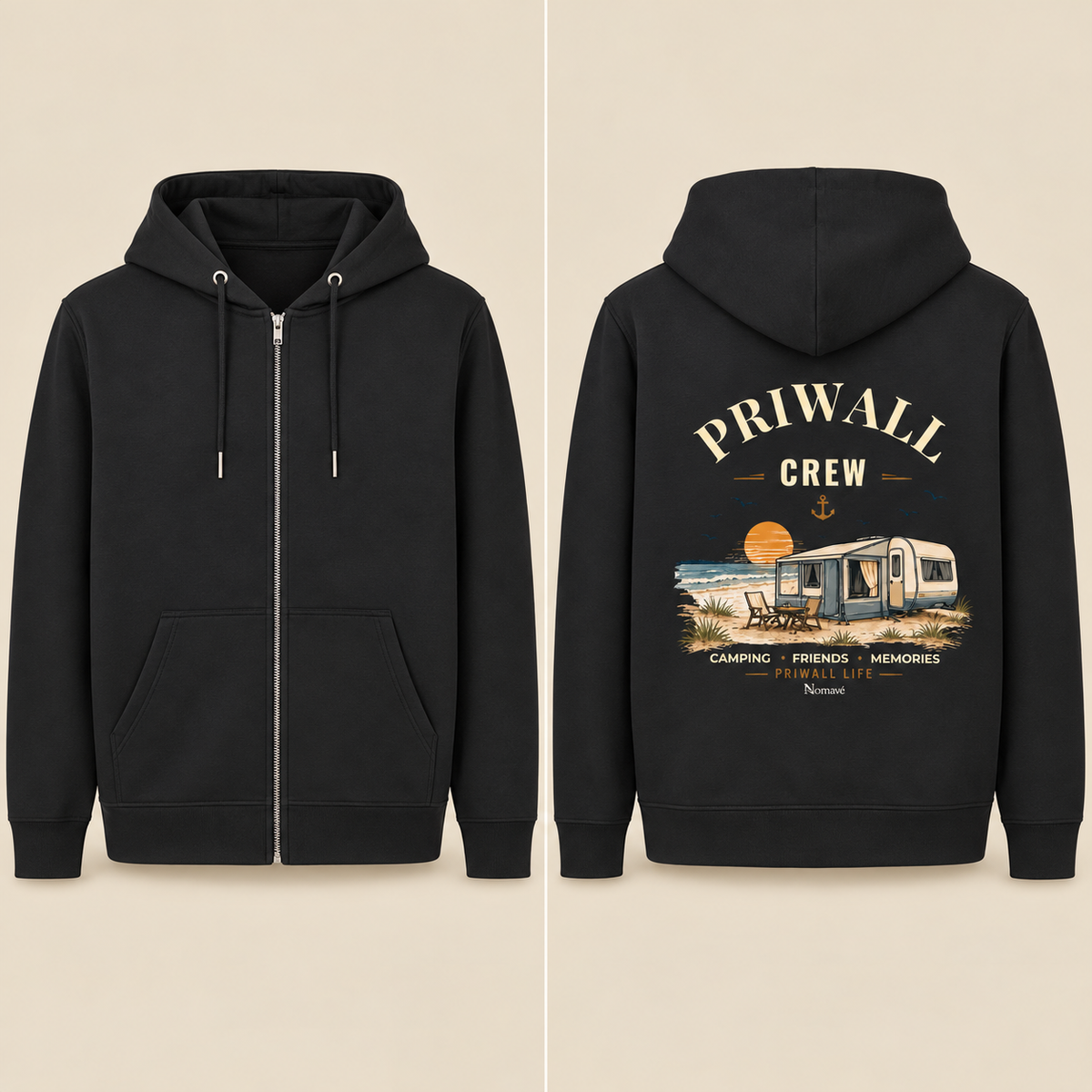 Schwarzer Bio-Zipper der Priwall Crew Dark Edition als Splitansicht: vorne ohne Print mit sichtbarem Reißverschluss, hinten mit korrigiertem Backprint