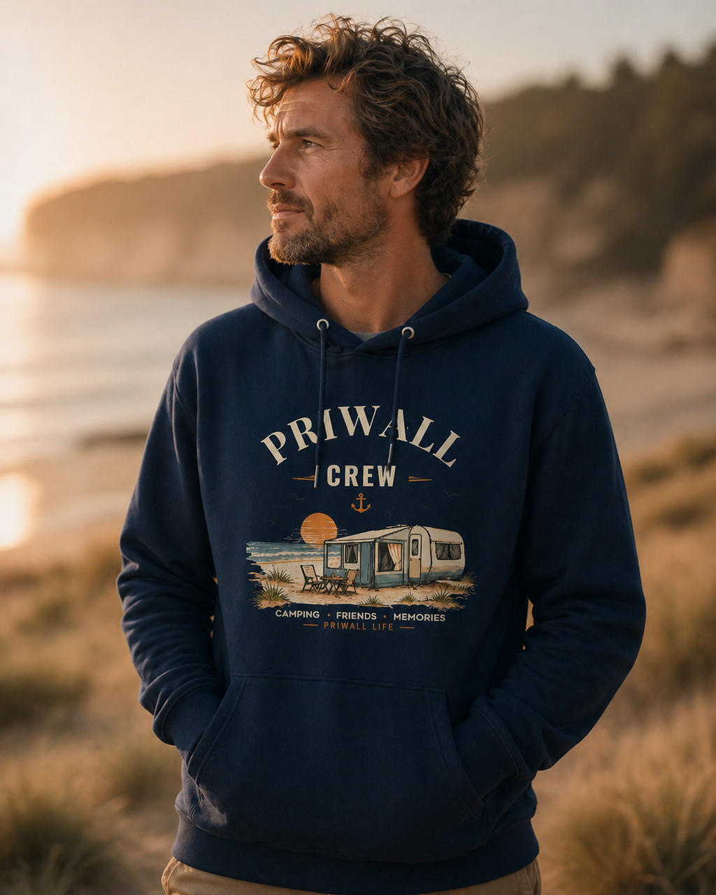 Mann im Priwall Crew Bio-Hoodie Dark Edition in French Navy am Ostseestrand