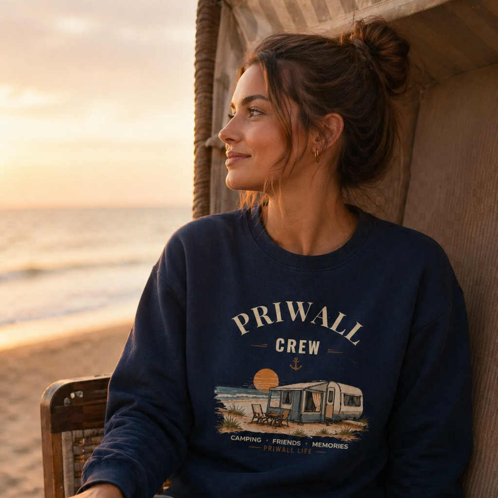 Frau im Priwall Crew Bio-Sweatshirt Dark Edition in French Navy im Strandkorb