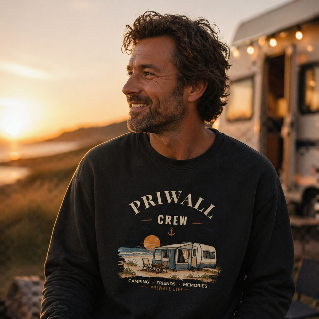 Mann im schwarzen Priwall Crew Bio-Sweatshirt Dark Edition beim Küstencamping