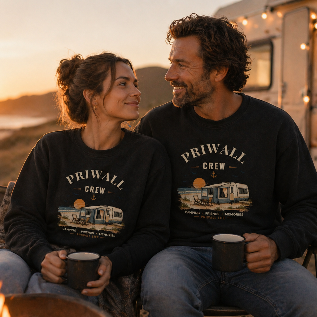 Paar in schwarzen Priwall Crew Bio-Sweatshirts Dark Edition beim Küstencamping