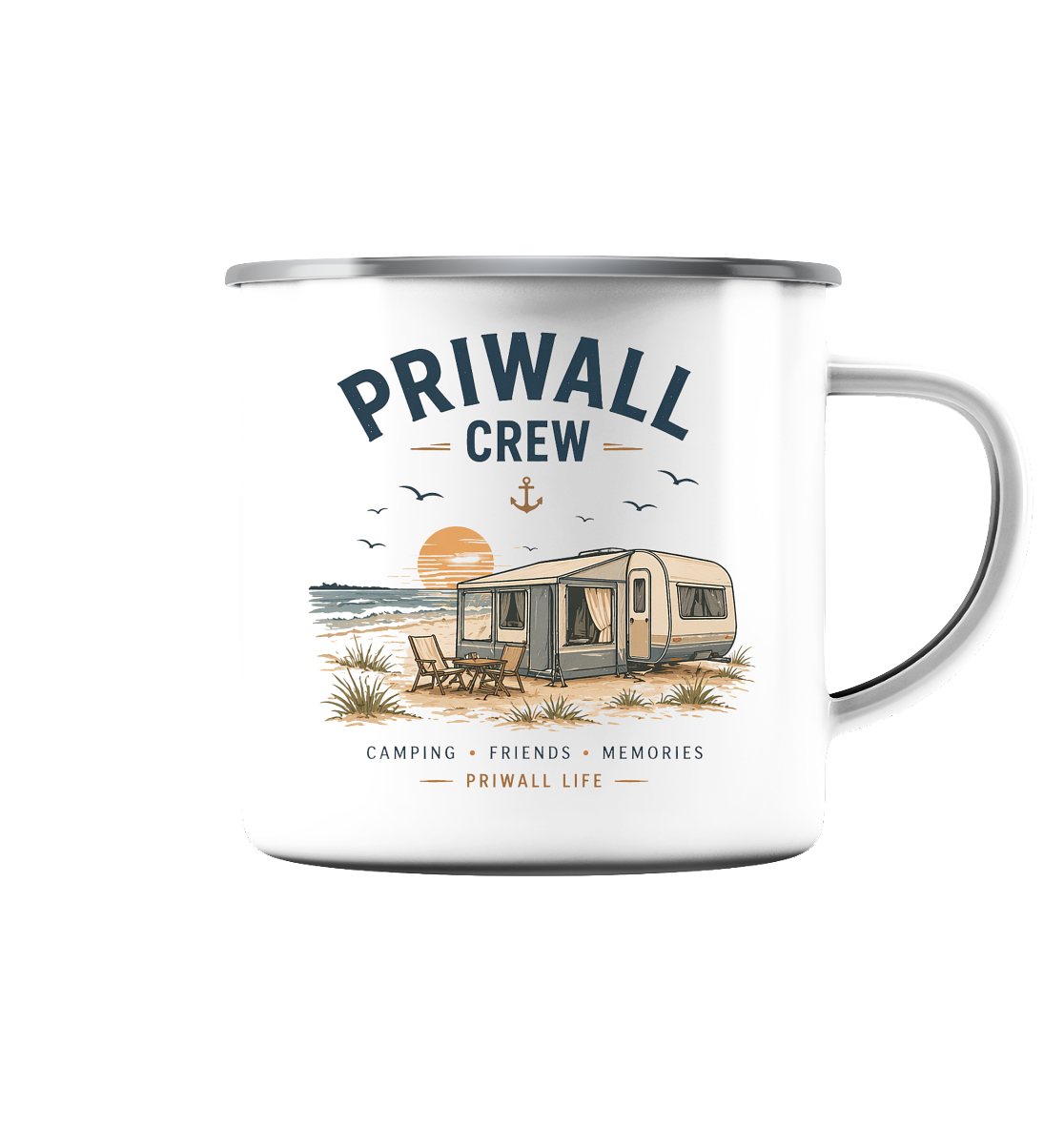 Weiße Priwall Crew Emaille-Tasse mit silberfarbenem Rand