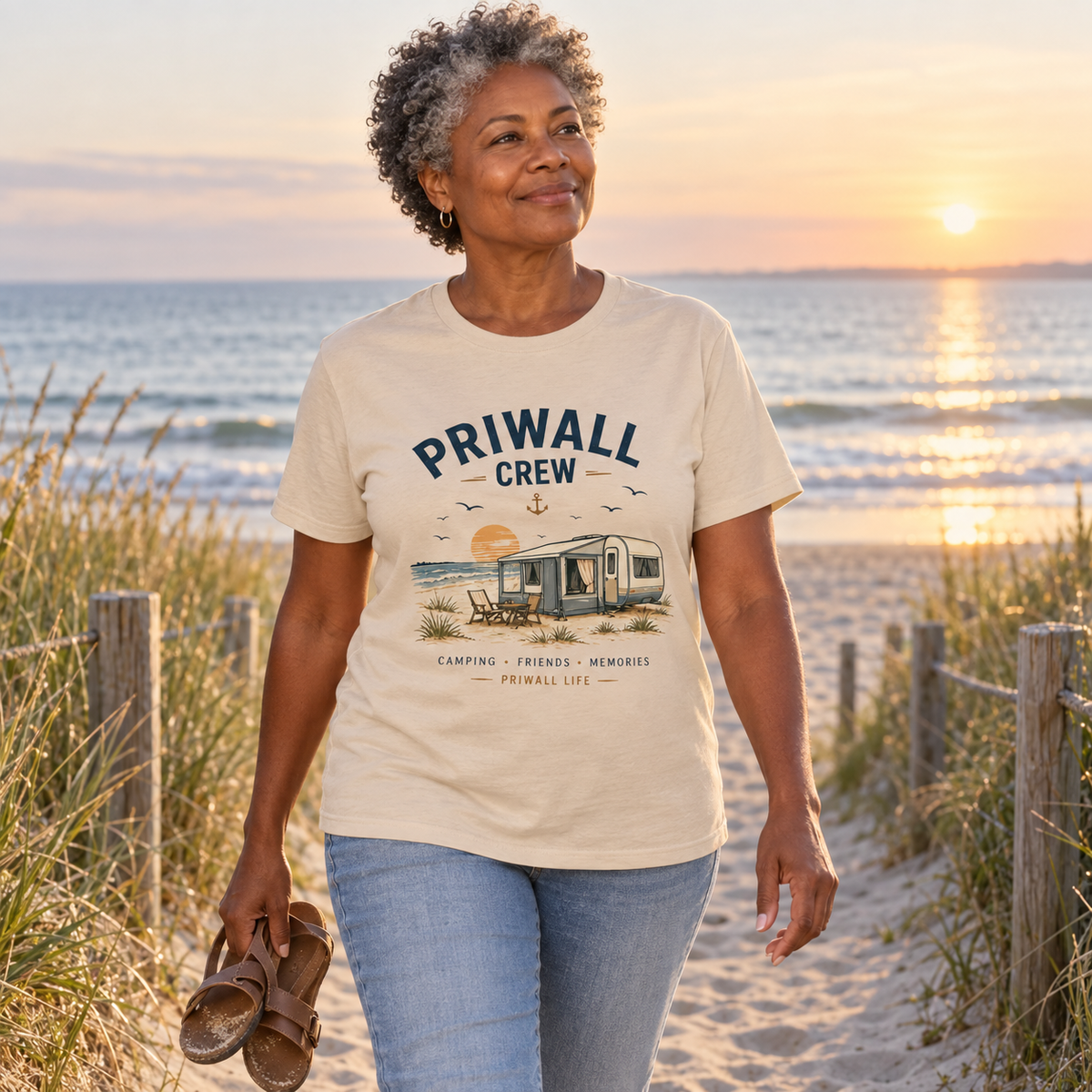 Frau im Natural Priwall-Crew Essential T-Shirt am Ostsee-Strandzugang im Morgenlicht