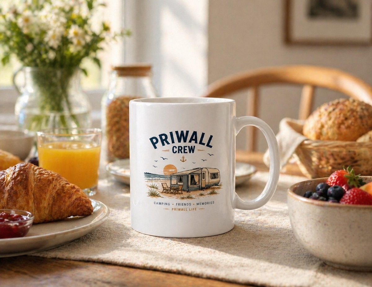 Priwall Crew Keramiktasse auf einem hellen Frühstückstisch