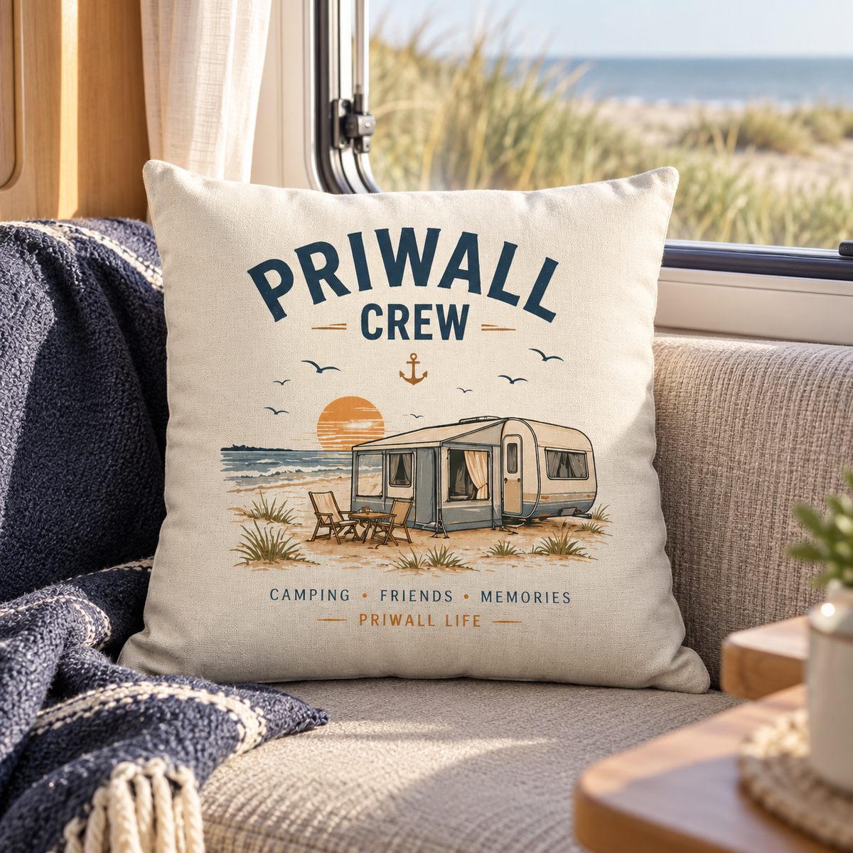 Priwall-Crew Kissen im gemütlichen Camper mit Blick auf die Ostseedünen