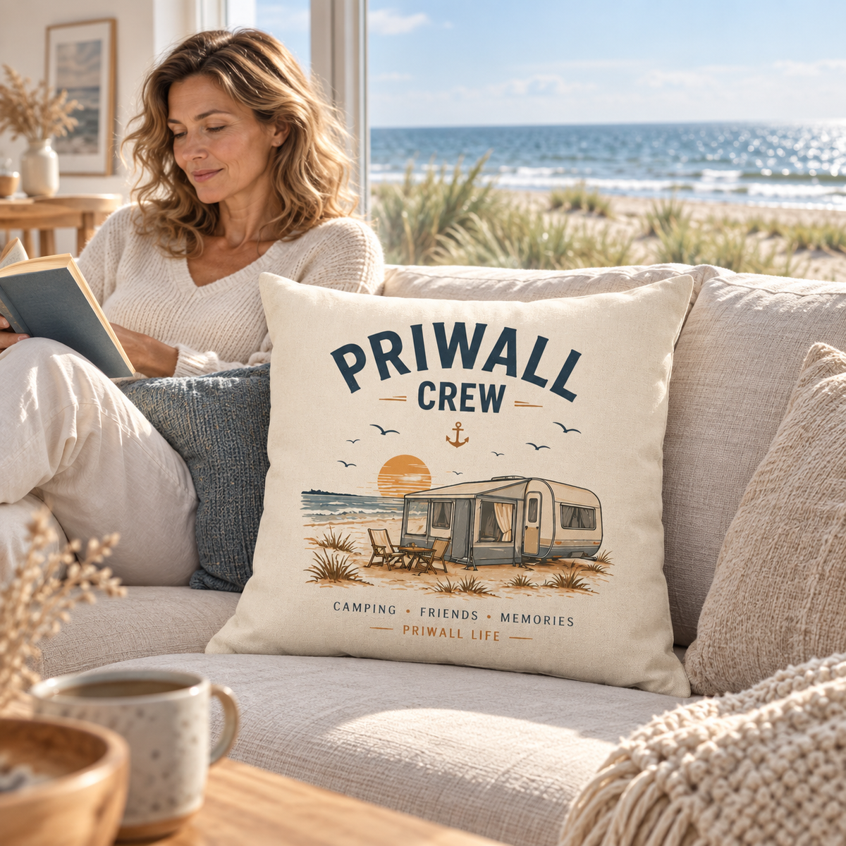 Priwall-Crew Kissen auf einem Sofa in einer hellen Ferienwohnung an der Ostsee