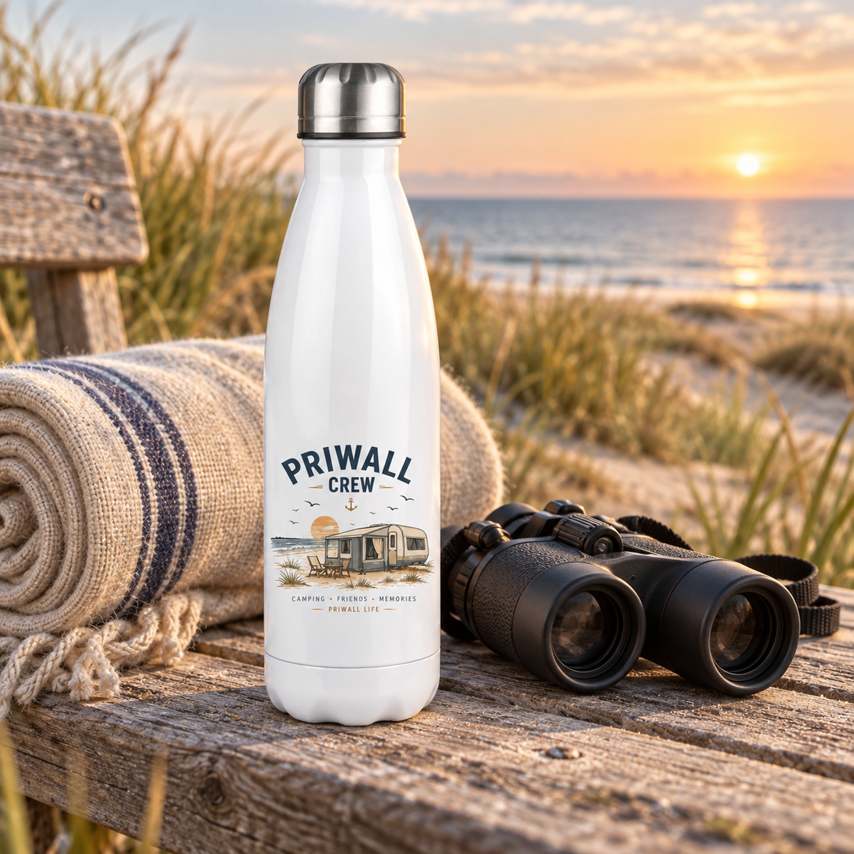 Weiße Priwall-Crew Thermoflasche auf einer Dünenbank mit Blick auf die Ostsee
