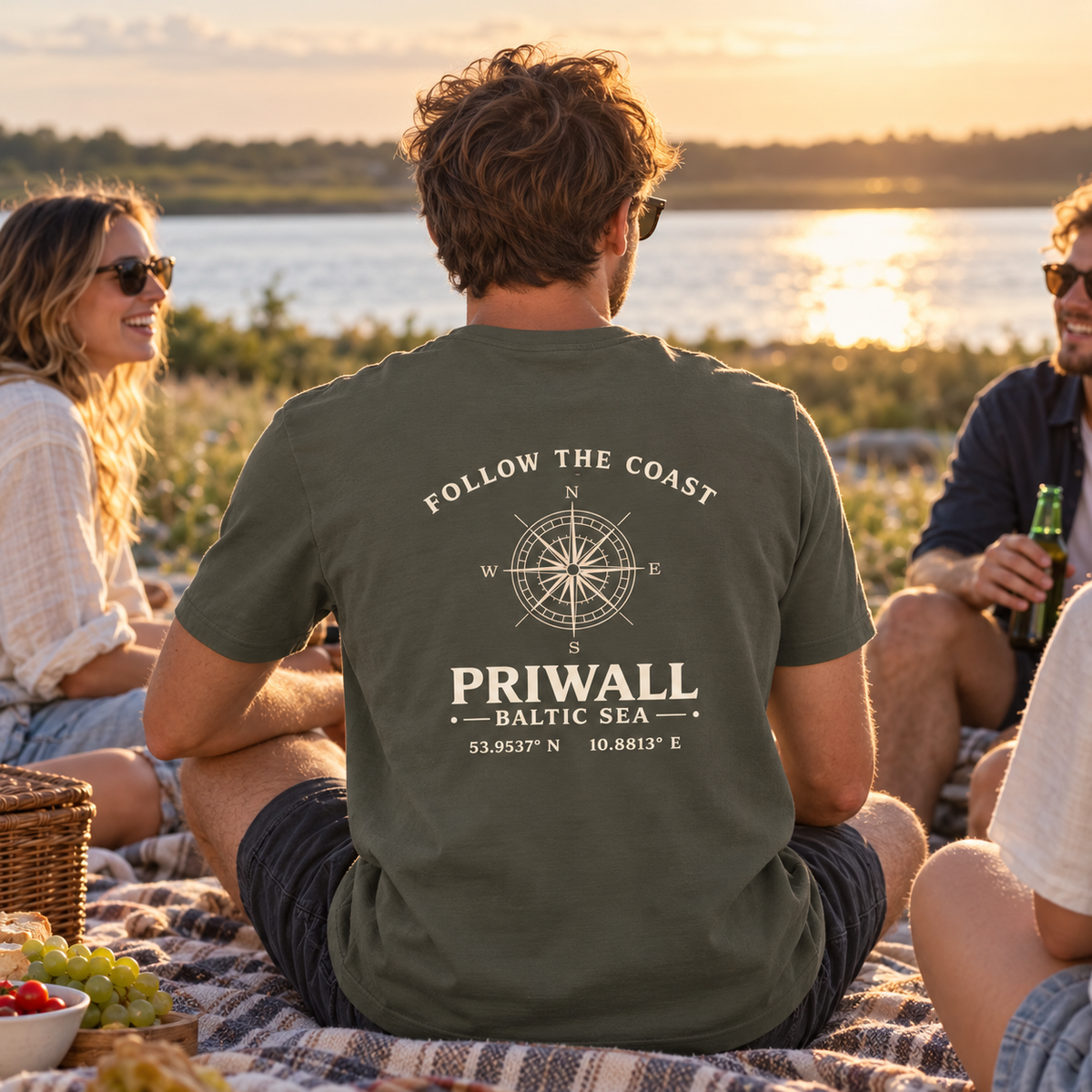 Mann im grauen Priwall Follow the Coast Bio T-Shirt mit Rückenmotiv bei einem Picknick am Fluss
