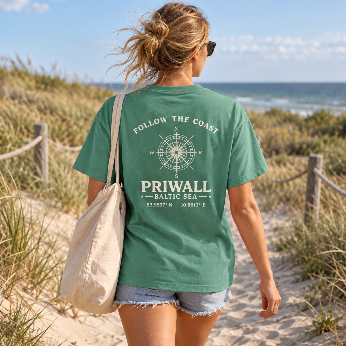 Frau im grünen Priwall Follow the Coast Damen Bio T-Shirt mit Rückenmotiv auf einem Ostsee-Dünenweg