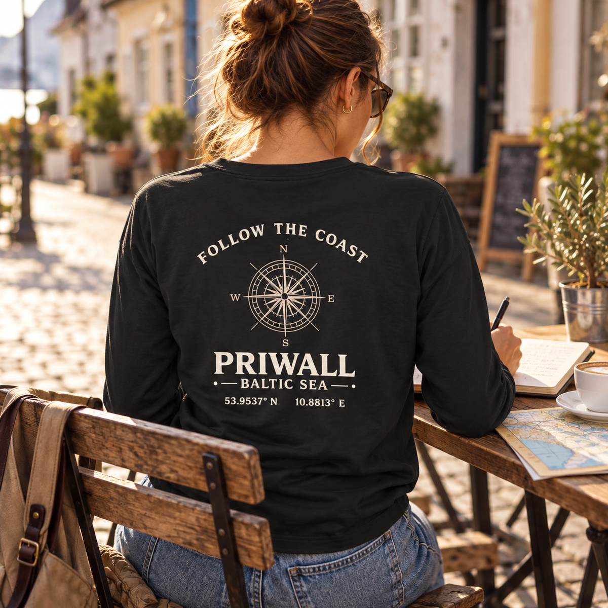 Frau im schwarzen Priwall Follow the Coast Damen Bio Longsleeve mit Rückenmotiv im Straßencafé
