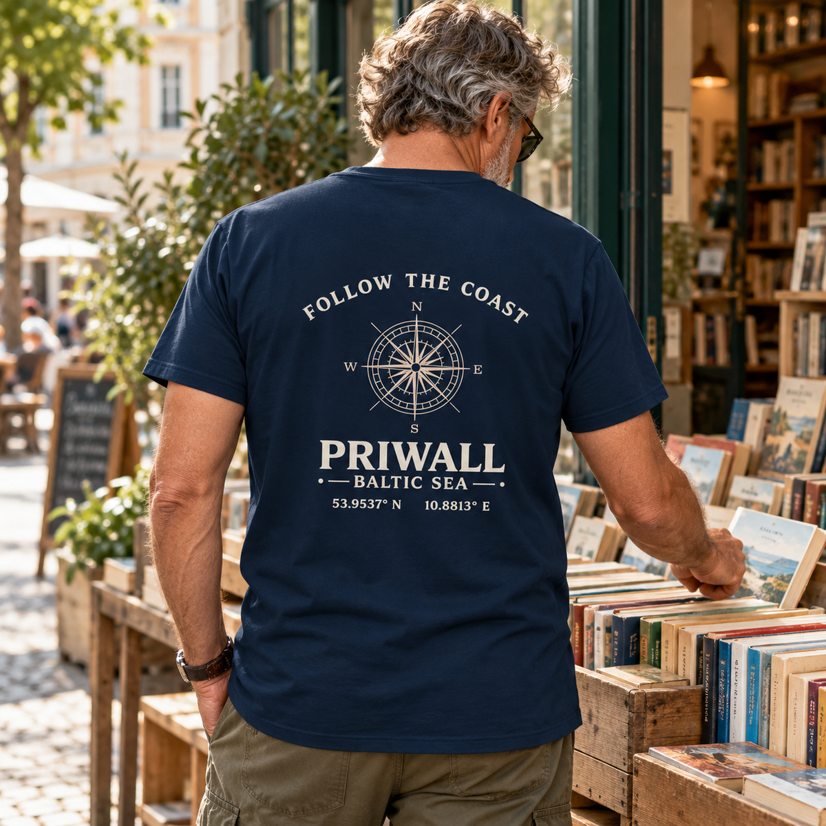 Älterer Mann im dunkelblauen Priwall Follow the Coast Herren Bio V-Ausschnitt T-Shirt mit Backprint vor einer Buchhandlung