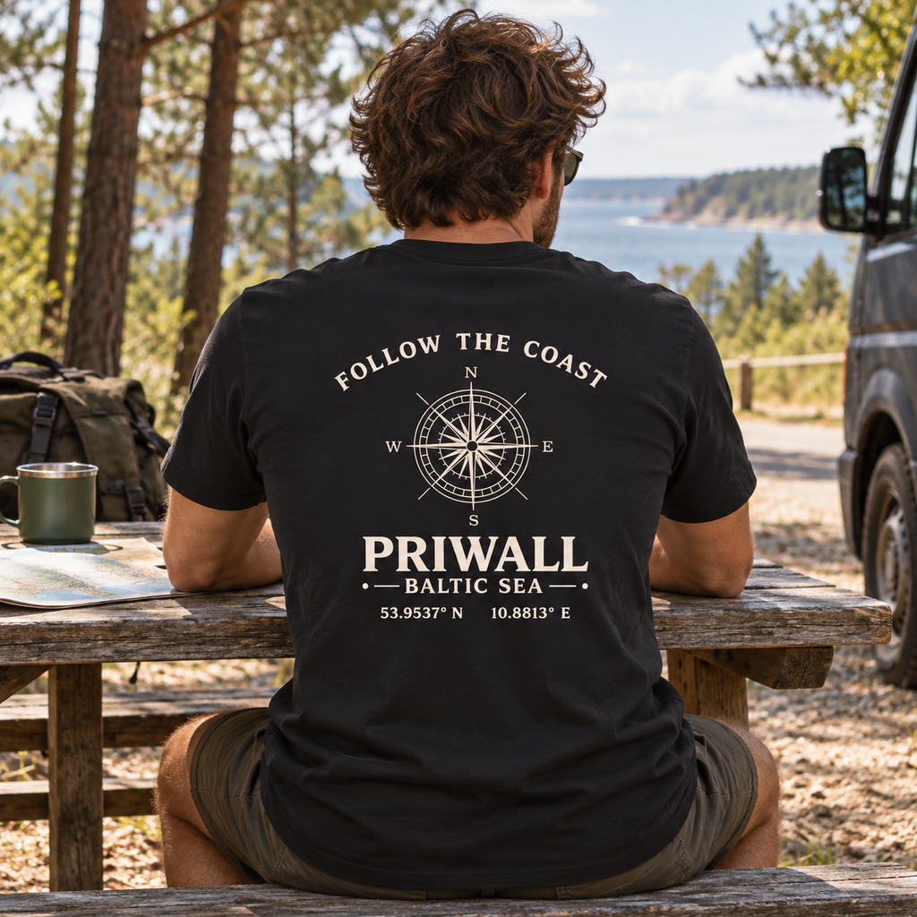 Mann im schwarzen Priwall Follow the Coast Herren Bio V-Ausschnitt T-Shirt mit Rückenmotiv bei einer Waldpause