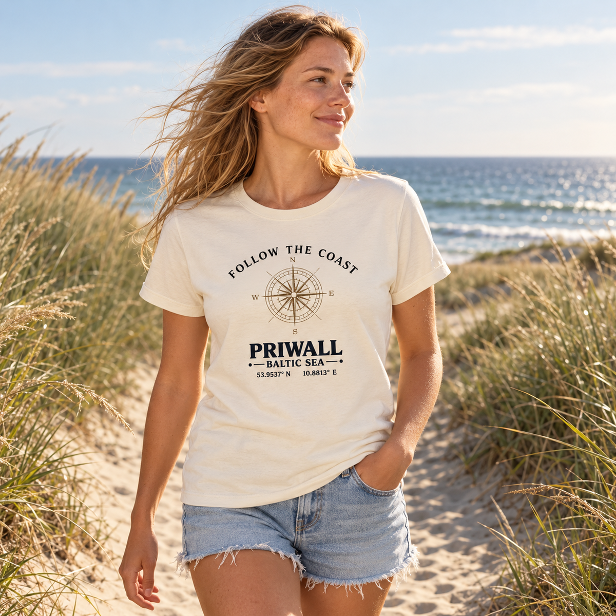 Frau im Follow the Coast Priwall Bio T-Shirt auf einem Dünenweg