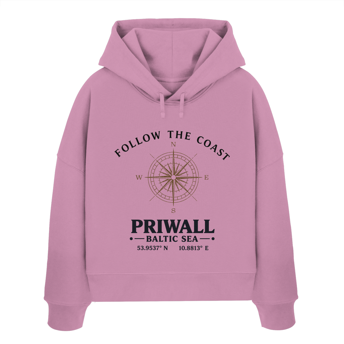 Follow the Coast Priwall Damen Boxcut Bio-Hoodie in Bubble Pink mit Kompassmotiv