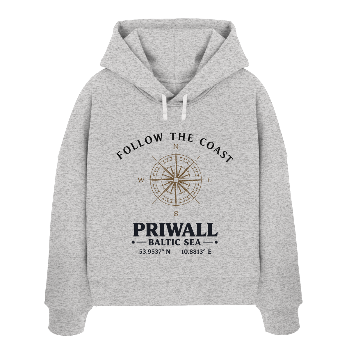Follow the Coast Priwall Damen Boxcut Bio-Hoodie in Cool Heather Grey mit Kompassmotiv