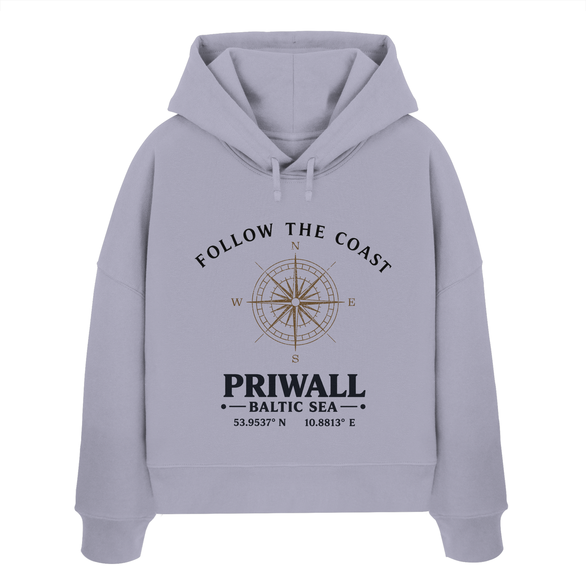 Follow the Coast Priwall Damen Boxcut Bio-Hoodie in Lavender mit Kompassmotiv